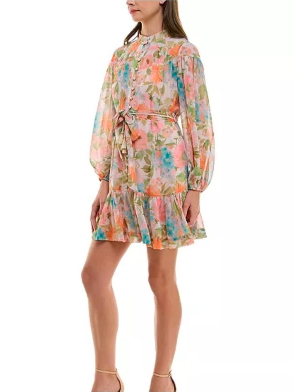 Taylor Sheer Peach & Green Floral Long-Sleeve Tie-Waist Mini Dress 12 wedding
